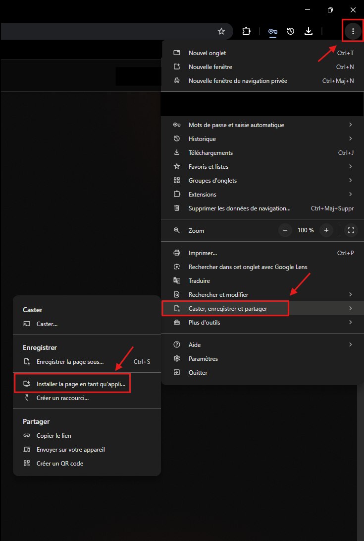 Menu de Chrome sur PC : Caster, enregistrer et partager, puis Installer la page en tant qu'appli